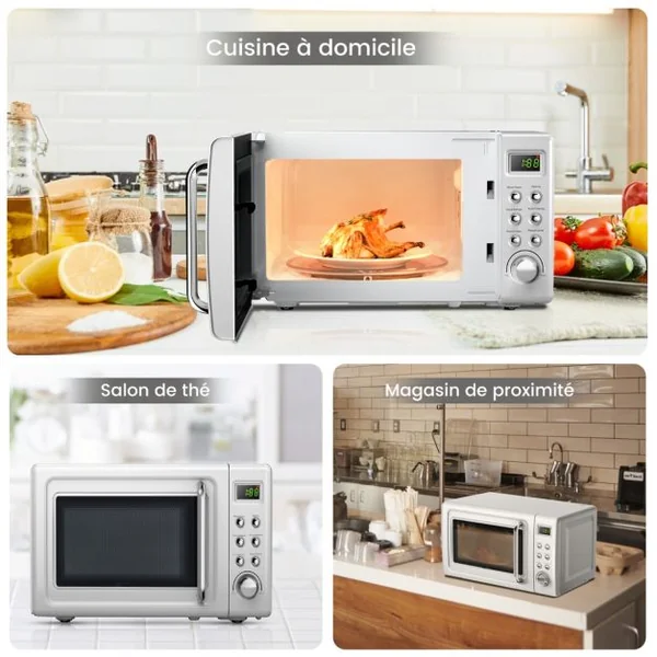 Micro-ondes 20 L 700 W Style Rétro 5 Niveaux 8 Menus LED Intelligent Minuterie 1H Dégivrage et de Cuisson Automatique Blanc