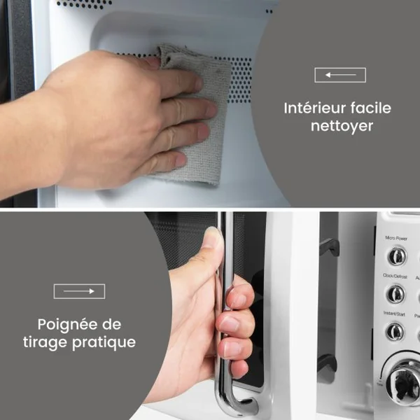 Micro-ondes 20 L 700 W Style Rétro 5 Niveaux 8 Menus LED Intelligent Minuterie 1H Dégivrage et de Cuisson Automatique Blanc