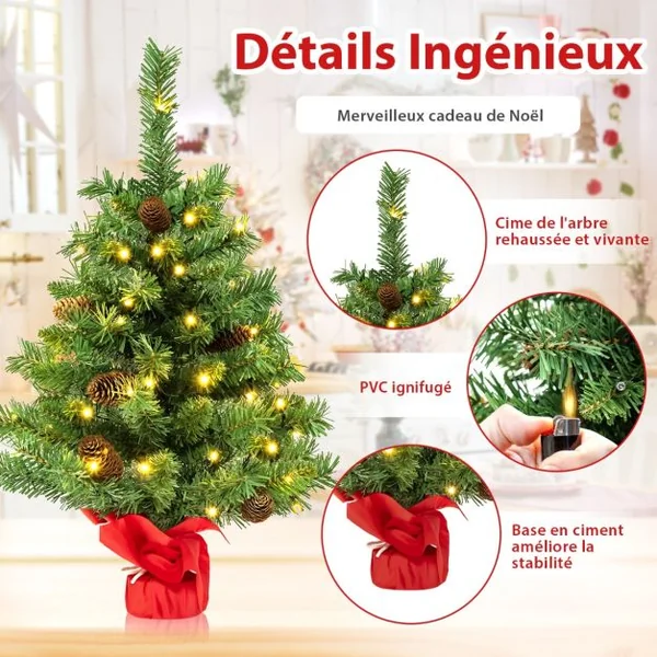 Mini Arbre de Noël Pré-illuminé 64 cm Sapin de Noël de Table avec 50 Lumières LED 8 Modes d'Éclairage 8 Pommes de Pin Base en Ciment