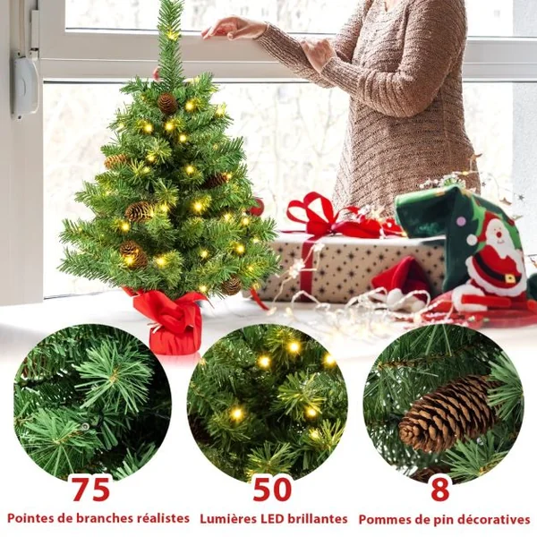 Mini Arbre de Noël Pré-illuminé 64 cm Sapin de Noël de Table avec 50 Lumières LED 8 Modes d'Éclairage 8 Pommes de Pin Base en Ciment