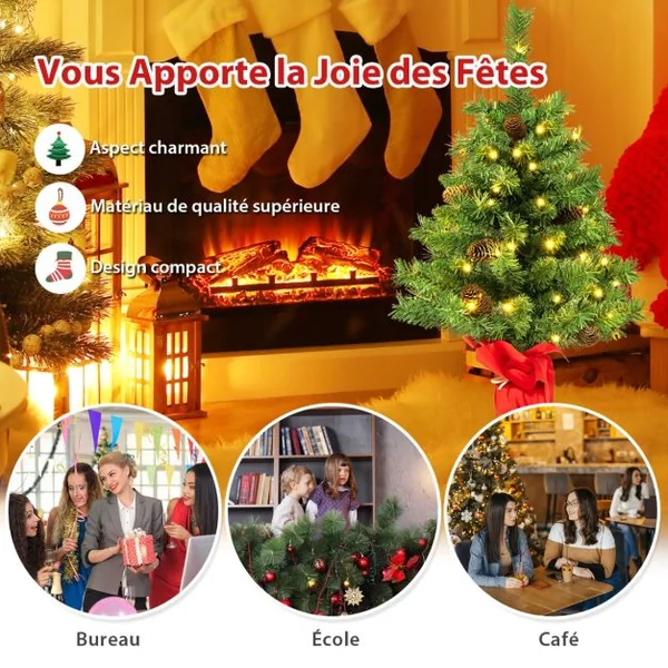 Mini Arbre de Noël Pré-illuminé 64 cm Sapin de Noël de Table avec 50 Lumières LED 8 Modes d'Éclairage 8 Pommes de Pin Base en Ciment