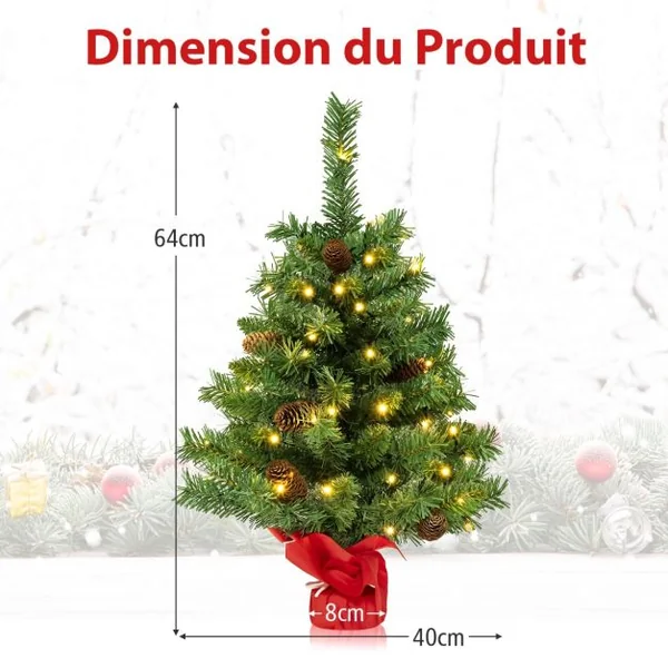 Mini Arbre de Noël Pré-illuminé 64 cm Sapin de Noël de Table avec 50 Lumières LED 8 Modes d'Éclairage 8 Pommes de Pin Base en Ciment