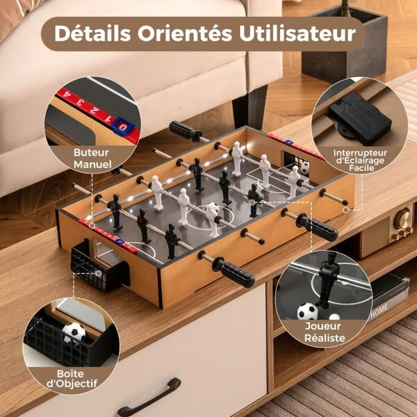 Mini Baby-Foot de Table de 51cm avec LED Peu Encombrante avec Poignée Antidérapante 2 Ballons de Football Figurines Réalistes pour Fête