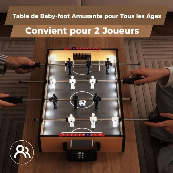 Mini Baby-Foot de Table de 51cm avec LED Peu Encombrante avec Poignée Antidérapante 2 Ballons de Football Figurines Réalistes pour Fête