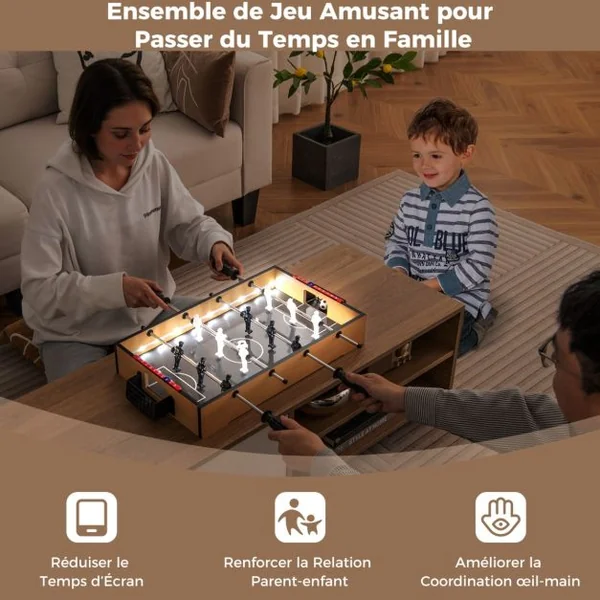Mini Baby-Foot de Table de 51cm avec LED Peu Encombrante avec Poignée Antidérapante 2 Ballons de Football Figurines Réalistes pour Fête