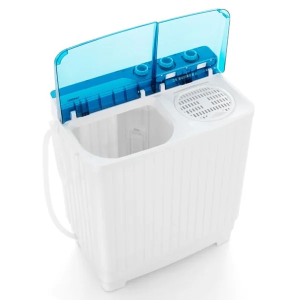 Mini Machine a Laver 2 en 1 Portable à Double Cuve Capacité 10,5 kg Lave-Linge avec Laveuse et Essoreuse Pompe de Vidange Blanc+Bleu
