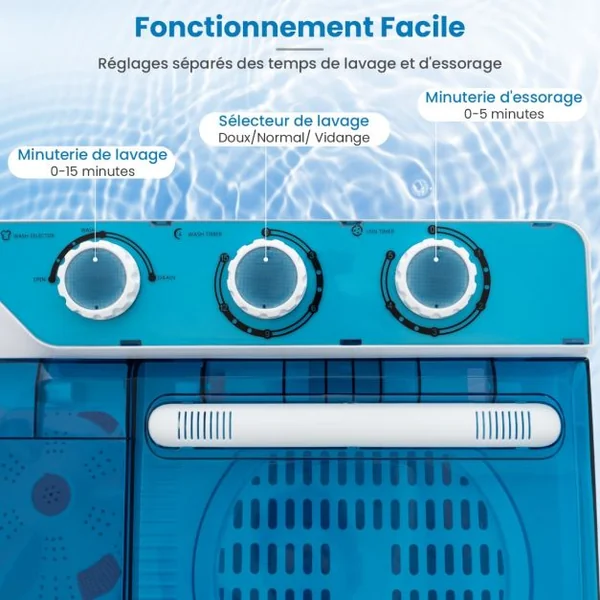 Mini Machine a Laver 2 en 1 Portable à Double Cuve Capacité 10,5 kg Lave-Linge avec Laveuse et Essoreuse Pompe de Vidange Blanc+Bleu