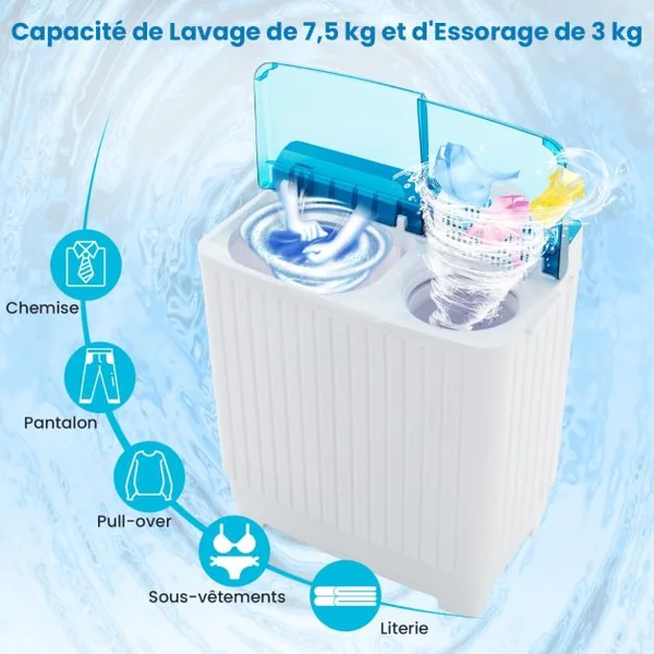 Mini Machine a Laver 2 en 1 Portable à Double Cuve Capacité 10,5 kg Lave-Linge avec Laveuse et Essoreuse Pompe de Vidange Blanc+Bleu
