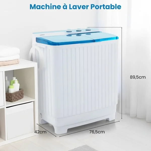 Mini Machine a Laver 2 en 1 Portable à Double Cuve Capacité 10,5 kg Lave-Linge avec Laveuse et Essoreuse Pompe de Vidange Blanc+Bleu