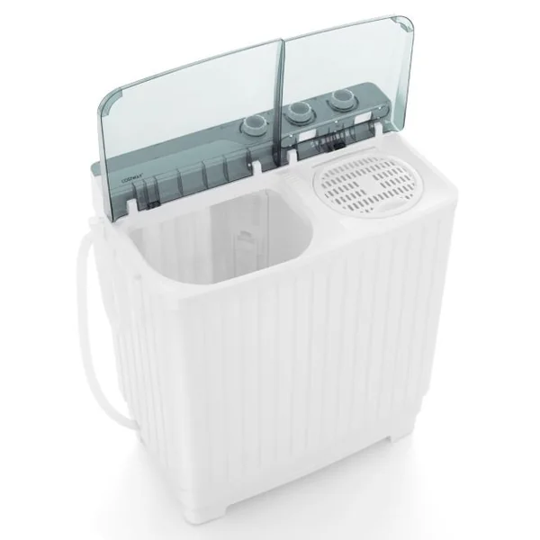 Mini Machine a Laver 2 en 1 Portable à Double Cuve Capacité 10,5 kg Lave-Linge avec Laveuse et Essoreuse Pompe de Vidange Blanc+Gris