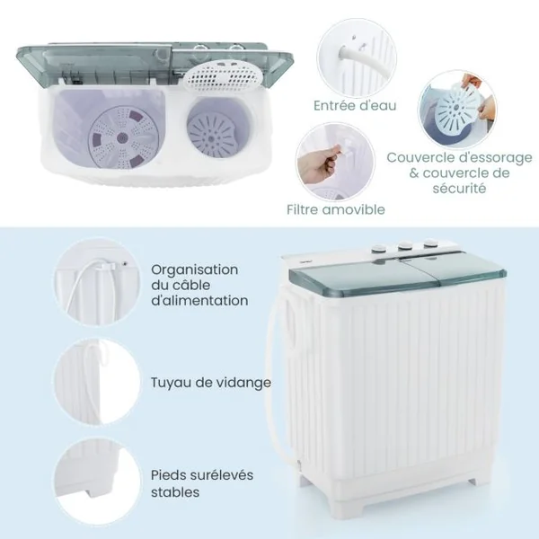 Mini Machine a Laver 2 en 1 Portable à Double Cuve Capacité 10,5 kg Lave-Linge avec Laveuse et Essoreuse Pompe de Vidange Blanc+Gris