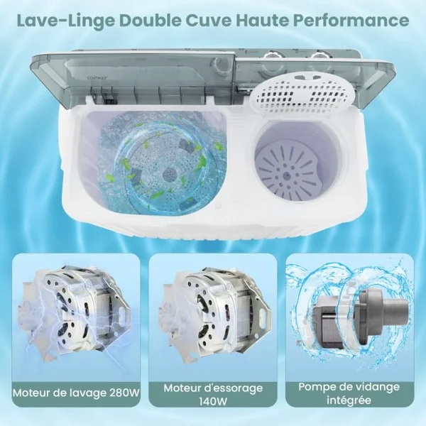 Mini Machine a Laver 2 en 1 Portable à Double Cuve Capacité 10,5 kg Lave-Linge avec Laveuse et Essoreuse Pompe de Vidange Blanc+Gris