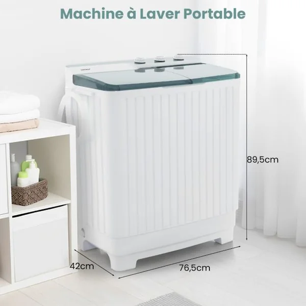 Mini Machine a Laver 2 en 1 Portable à Double Cuve Capacité 10,5 kg Lave-Linge avec Laveuse et Essoreuse Pompe de Vidange Blanc+Gris