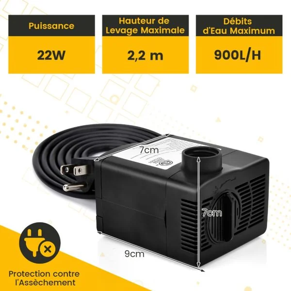 Mini Pompe à Eau Submersible 900L/H 22W / 1450L/H 30W Pompe Aquarium avec avec Levage Élevé de 2,20 m/2,50 m 3 Buses Différentes et Cordon d'Alimentation de 1,83 m