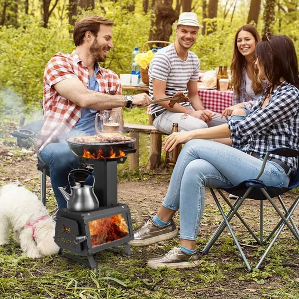 Mini Poêle à Bois Portable en Acier Carbone avec 2 Positions de Cuisson Réchaud à Bois avec Poignée Anti-brûlure Fenêtre en Verre Résistant