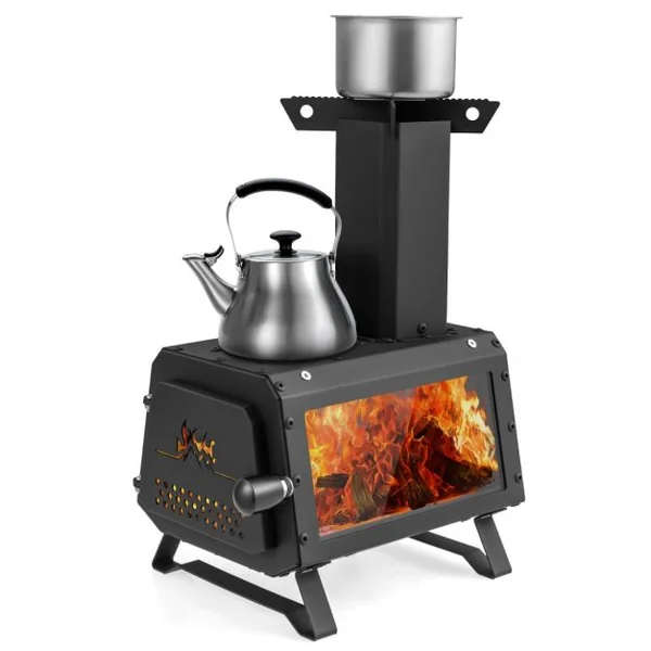 Mini Poêle à Bois Portable en Acier Carbone avec 2 Positions de Cuisson Réchaud à Bois avec Poignée Anti-brûlure Fenêtre en Verre Résistant