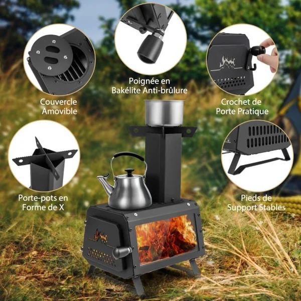 Mini Poêle à Bois Portable en Acier Carbone avec 2 Positions de Cuisson Réchaud à Bois avec Poignée Anti-brûlure Fenêtre en Verre Résistant