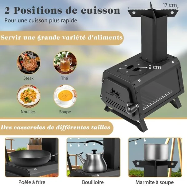 Mini Poêle à Bois Portable en Acier Carbone avec 2 Positions de Cuisson Réchaud à Bois avec Poignée Anti-brûlure Fenêtre en Verre Résistant