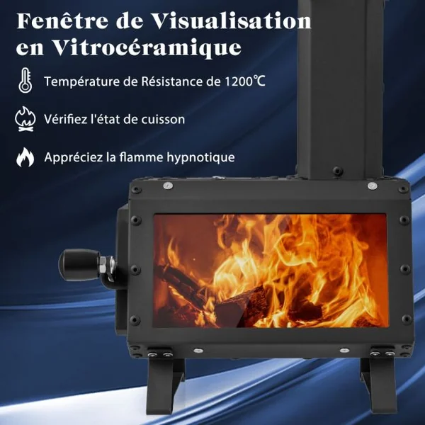 Mini Poêle à Bois Portable en Acier Carbone avec 2 Positions de Cuisson Réchaud à Bois avec Poignée Anti-brûlure Fenêtre en Verre Résistant