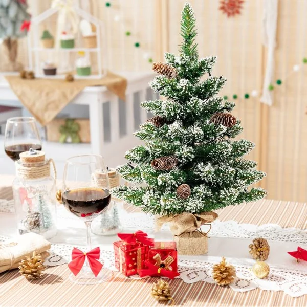 Mini Sapin de Noël 64 cm 50 Lumières LED 75 Pointes de Branches 8 Pommes de Pin 8 Modes d'Éclairage Neige Réaliste
