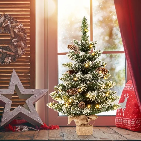 Mini Sapin de Noël 64 cm 50 Lumières LED 75 Pointes de Branches 8 Pommes de Pin 8 Modes d'Éclairage Neige Réaliste