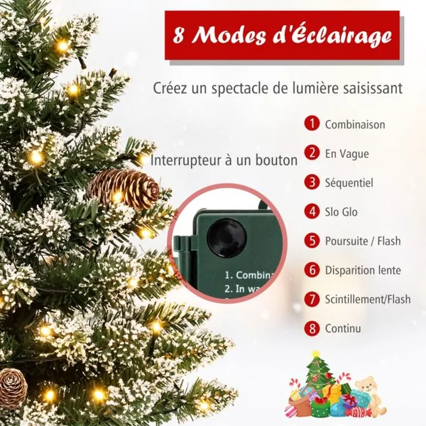 Mini Sapin de Noël 64 cm 50 Lumières LED 75 Pointes de Branches 8 Pommes de Pin 8 Modes d'Éclairage Neige Réaliste