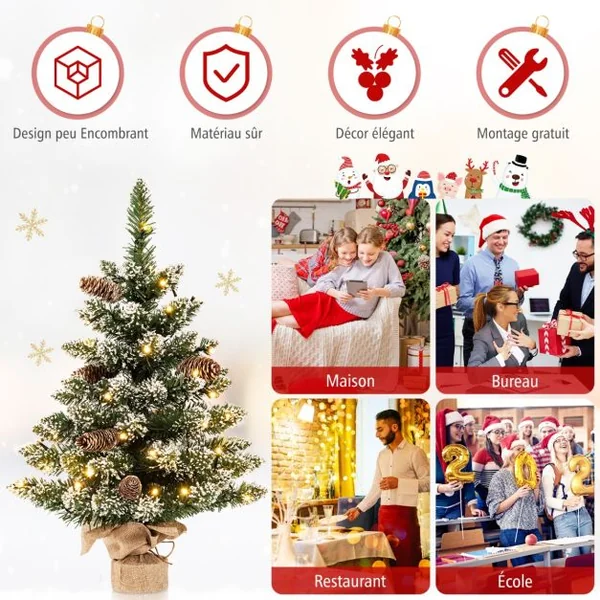 Mini Sapin de Noël 64 cm 50 Lumières LED 75 Pointes de Branches 8 Pommes de Pin 8 Modes d'Éclairage Neige Réaliste