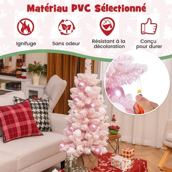 Mini Sapin de Noël Artificiel de 90 cm avec 12 Boules de Coton Naturel 24 Boules Décoratives Pointes de Branches Floquées de Neige Bleu/Rose