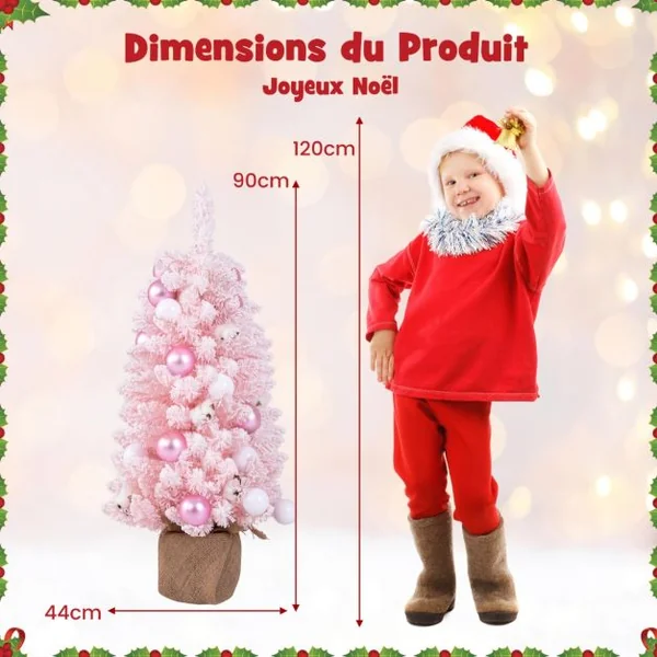 Mini Sapin de Noël Artificiel de 90 cm avec 12 Boules de Coton Naturel 24 Boules Décoratives Pointes de Branches Floquées de Neige Bleu/Rose