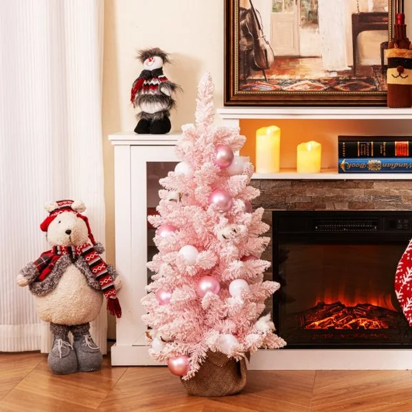 Mini Sapin de Noël Artificiel de 90 cm avec 12 Boules de Coton Naturel 24 Boules Décoratives Pointes de Branches Floquées de Neige Bleu/Rose