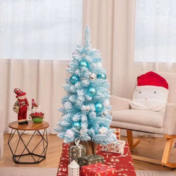 Mini Sapin de Noël Artificiel de 90 cm avec 12 Boules de Coton Naturel 24 Boules Décoratives Pointes de Branches Floquées de Neige Bleu/Rose