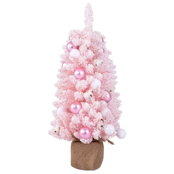 Mini Sapin de Noël Artificiel de 90 cm avec 12 Boules de Coton Naturel 24 Boules Décoratives Pointes de Branches Floquées de Neige Bleu/Rose
