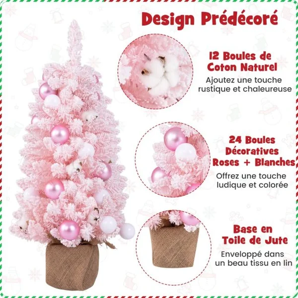 Mini Sapin de Noël Artificiel de 90 cm avec 12 Boules de Coton Naturel 24 Boules Décoratives Pointes de Branches Floquées de Neige Bleu/Rose