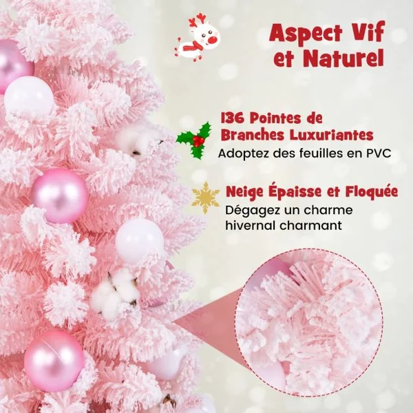 Mini Sapin de Noël Artificiel de 90 cm avec 12 Boules de Coton Naturel 24 Boules Décoratives Pointes de Branches Floquées de Neige Bleu/Rose