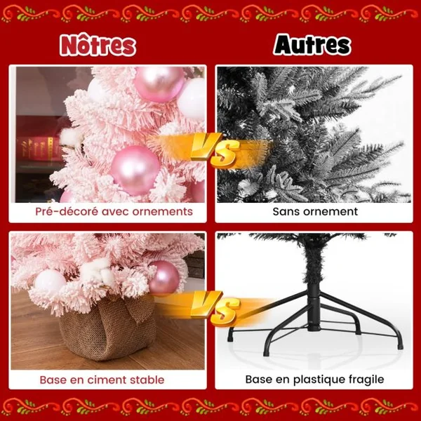 Mini Sapin de Noël Artificiel de 90 cm avec 12 Boules de Coton Naturel 24 Boules Décoratives Pointes de Branches Floquées de Neige Bleu/Rose