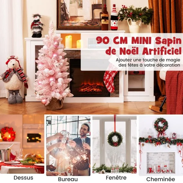 Mini Sapin de Noël Artificiel de 90 cm avec 12 Boules de Coton Naturel 24 Boules Décoratives Pointes de Branches Floquées de Neige Bleu/Rose