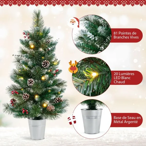Mini Sapin de Noël Artificiel Pré-éclairé 90 cm avec 81 Aiguilles en PVC et Pin 20 LED Blanc Chaud 8 Modes Minuteur Baies Pommes de Pin