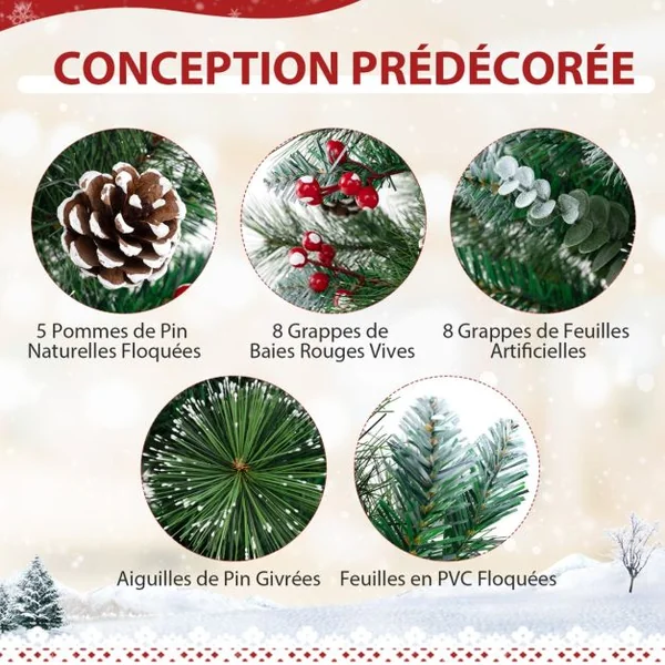 Mini Sapin de Noël Artificiel Pré-éclairé 90 cm avec 81 Aiguilles en PVC et Pin 20 LED Blanc Chaud 8 Modes Minuteur Baies Pommes de Pin