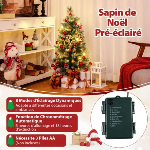Mini Sapin de Noël Artificiel Pré-éclairé 90 cm avec 81 Aiguilles en PVC et Pin 20 LED Blanc Chaud 8 Modes Minuteur Baies Pommes de Pin
