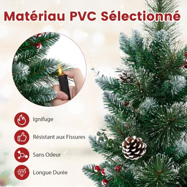 Mini Sapin de Noël Artificiel Pré-éclairé 90 cm avec 81 Aiguilles en PVC et Pin 20 LED Blanc Chaud 8 Modes Minuteur Baies Pommes de Pin