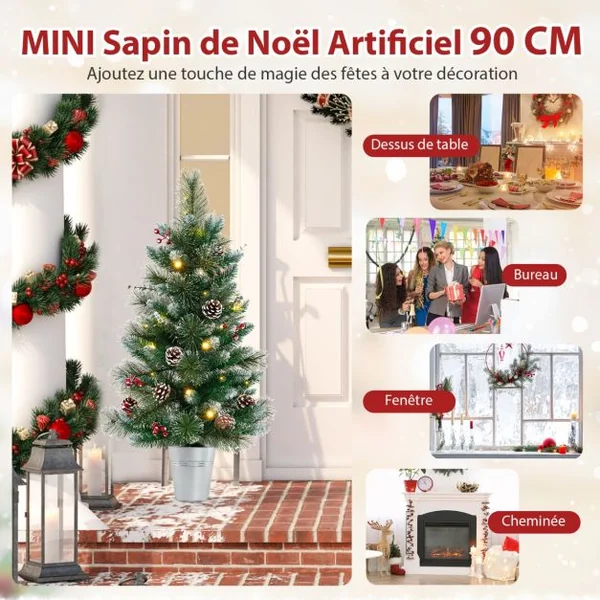 Mini Sapin de Noël Artificiel Pré-éclairé 90 cm avec 81 Aiguilles en PVC et Pin 20 LED Blanc Chaud 8 Modes Minuteur Baies Pommes de Pin