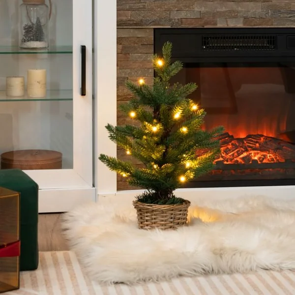 Mini Sapin de Noël Artificiel Pré-Éclairé 96 Branches 20 Lumières Led Minuterie Pot en Bois de Saule