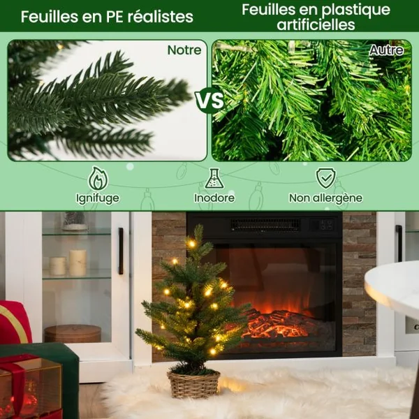 Mini Sapin de Noël Artificiel Pré-Éclairé 96 Branches 20 Lumières Led Minuterie Pot en Bois de Saule