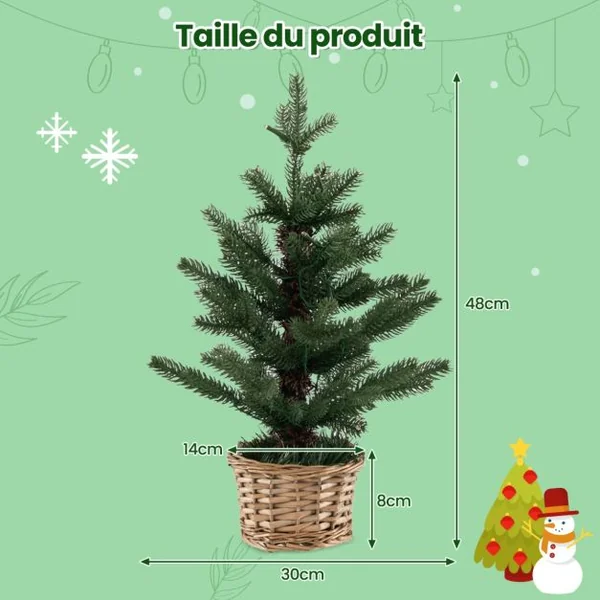 Mini Sapin de Noël Artificiel Pré-Éclairé 96 Branches 20 Lumières Led Minuterie Pot en Bois de Saule