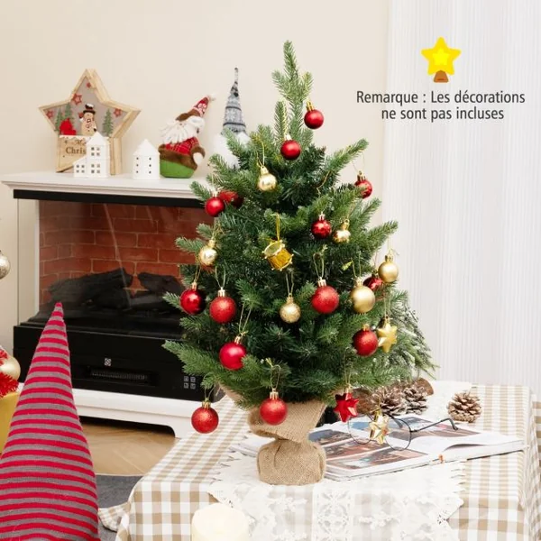 Mini Sapin de Noël Pré-Eclairé de 60 cm Petit Sapin de Table avec 35 LED Blanc Chaud 234 Branches en PVC et PE Base en Toile de Jute