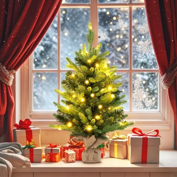 Mini Sapin de Noël Pré-Eclairé de 60 cm Petit Sapin de Table avec 35 LED Blanc Chaud 234 Branches en PVC et PE Base en Toile de Jute