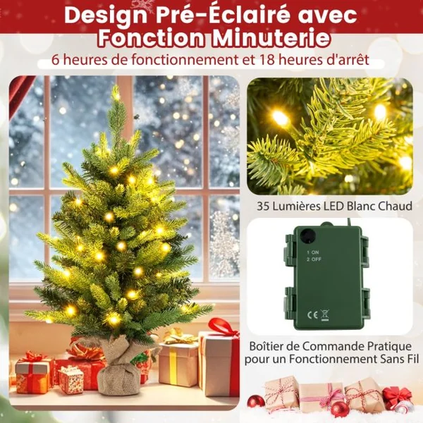 Mini Sapin de Noël Pré-Eclairé de 60 cm Petit Sapin de Table avec 35 LED Blanc Chaud 234 Branches en PVC et PE Base en Toile de Jute