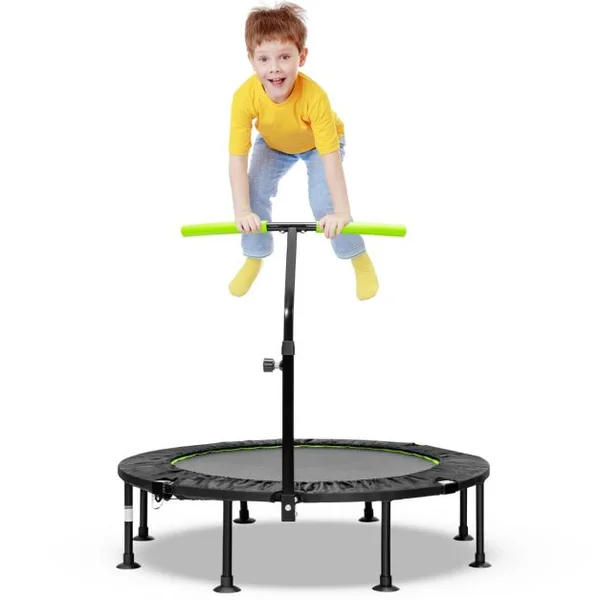 Mini Trampoline d'Intérieur Pliable Ø110cm avec Poignée Réglable en Hauteur Trampoline de Fitnesss avec Tapis de Saut en PP Charge 100kg Orange/Vert