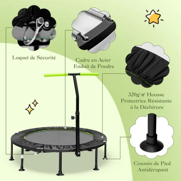 Mini Trampoline d'Intérieur Pliable Ø110cm avec Poignée Réglable en Hauteur Trampoline de Fitnesss avec Tapis de Saut en PP Charge 100kg Orange/Vert
