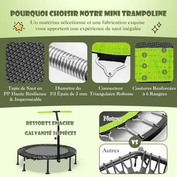 Mini Trampoline d'Intérieur Pliable Ø110cm avec Poignée Réglable en Hauteur Trampoline de Fitnesss avec Tapis de Saut en PP Charge 100kg Orange/Vert